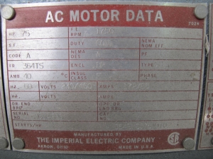 MOTOR, ELECTRIC TYPE, 75 HORSEPOWER, 230/460 ELEC RATING, 1750 RPM, 364TS FRAME, 172/66 AMPS, DP ENCLOSURE, CONT DUTY. VV DRIVE MOTOR, 4-BRG MG-SET, IMPERIAL ELECTRIC, PART # 364EMC075A010 (W-44) LOADING & HANDLING FEE $15-
